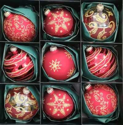 Set di 9 sfere in vetro soffiato a bocca. Rosse e Oro